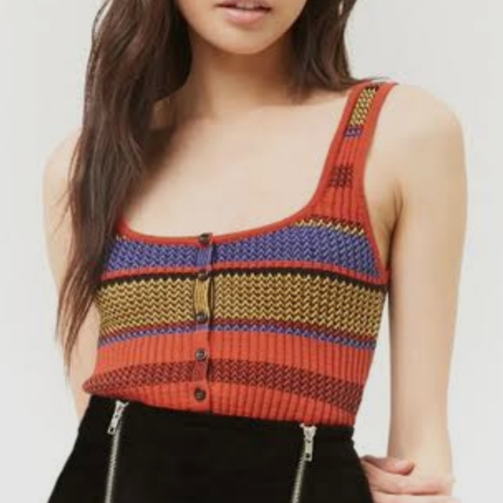 Striped Red Knit Button-Up Tank Top, Size M, Blue Rain